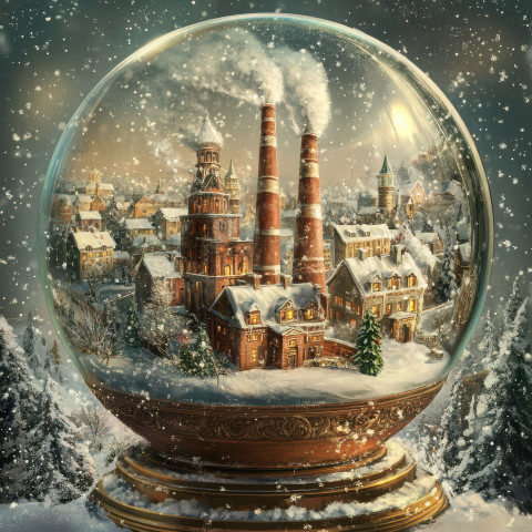 A snow covered factory with chimneys is shown inside a snowglobe A snow covered factory with chimneys is shown inside a snowglobe