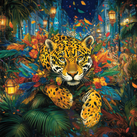 A golden jaguar leaping through jungle vines A golden jaguar leaping through jungle vines