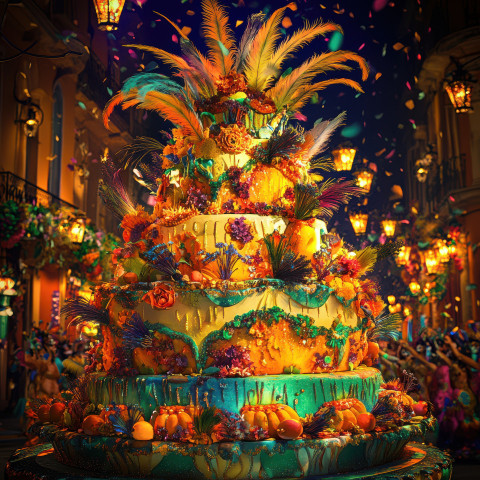 A giant carnival cake with fruit fountains A giant carnival cake with fruit fountains