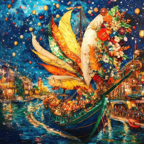 A flying carnival ship soaring over rio A flying carnival ship soaring over rio