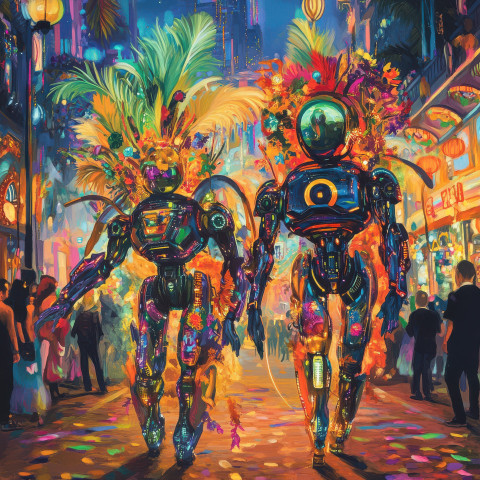Futuristic robots dancing in neon colors Futuristic robots dancing in neon colors