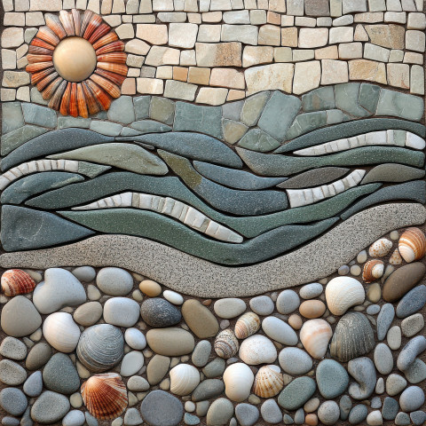 A shoreline with waves seashells and a bright sun A shoreline with waves seashells and a bright sun