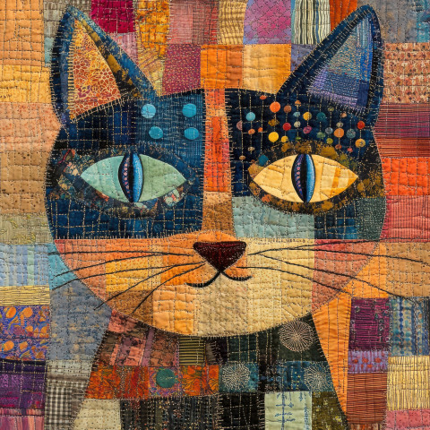 A patchwork cat with stitched button eyes sits with a cozy patchwork quilt texture A patchwork cat with stitched button eyes sits with a cozy patchwork quilt texture
