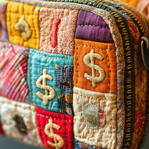 A fabric coin purse with stitched dollar signs A fabric coin purse with stitched dollar signs