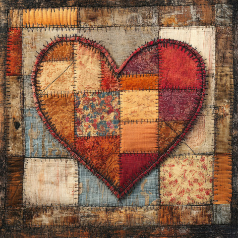 A heart sewn together with visible fabric patches A heart sewn together with visible fabric patches
