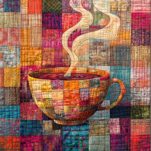 A steaming teacup with quilted steam swirls A steaming teacup with quilted steam swirls