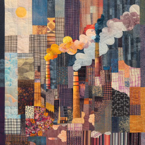 A patchwork factory with patterned smoke puffs rising A patchwork factory with patterned smoke puffs rising