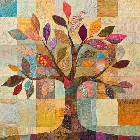 A patchwork tree with stitched leaves swaying gently A patchwork tree with stitched leaves swaying gently