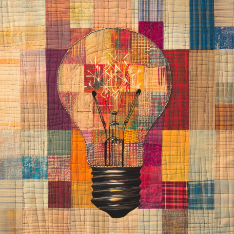 A quilted light bulb with fabric sparks A quilted light bulb with fabric sparks