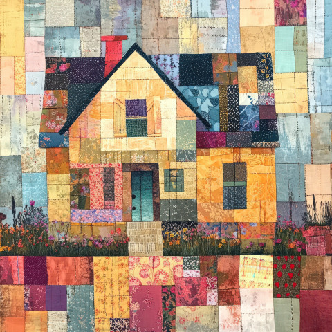 A patchwork cottage with fabric textured walls A patchwork cottage with fabric textured walls