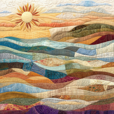 A patchwork shoreline with stitched waves and a sun A patchwork shoreline with stitched waves and a sun
