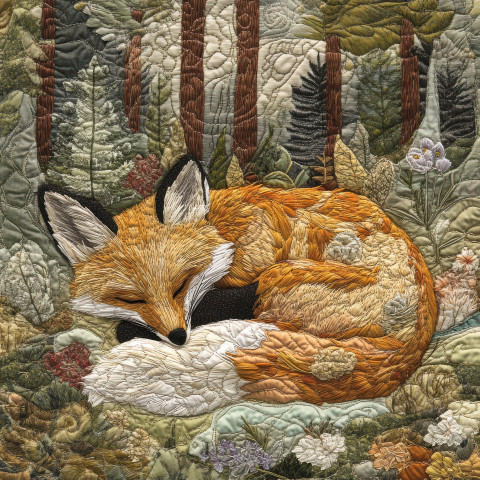 Sleeping fox curled in a forest glade nestled within a quilted bedspread Sleeping fox curled in a forest glade nestled within a quilted bedspread