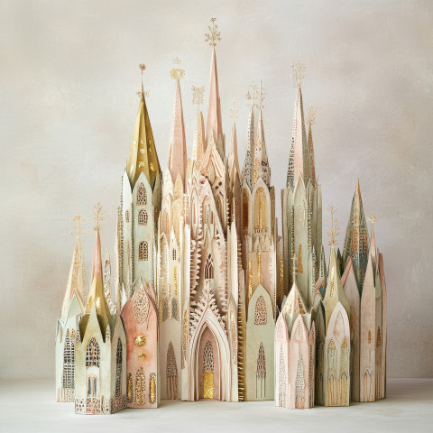 A gothic cathedral with intricate spires carefully sculpted from papier mache A gothic cathedral with intricate spires carefully sculpted from papier mache