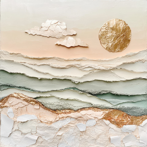 A sun-kissed shore with gentle waves crashing made from papier mache A sun-kissed shore with gentle waves crashing made from papier mache