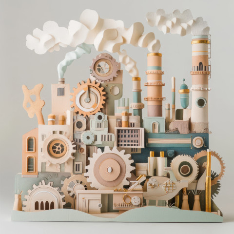 A smoky factory with gears and pipes skillfully sculpted from papier mache A smoky factory with gears and pipes skillfully sculpted from papier mache