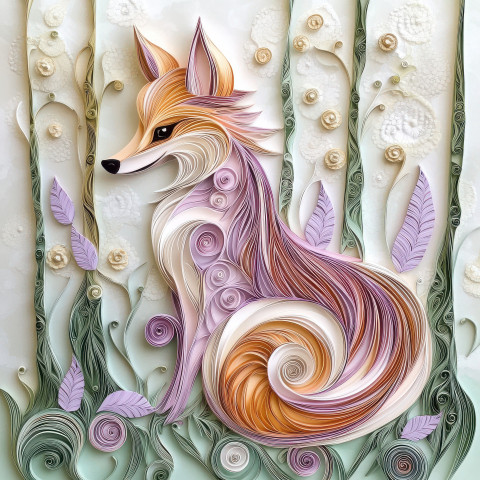 Playful fox with swirled fur in a forest crafted in paper quilling art Playful fox with swirled fur in a forest crafted in paper quilling art