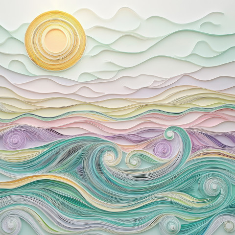 Waves curling over a sandy shore under a bright sun formed in paper quilling art Waves curling over a sandy shore under a bright sun formed in paper quilling art