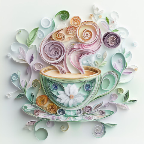 Steaming cup of coffee with elegant paper quilling spirals Steaming cup of coffee with elegant paper quilling spirals