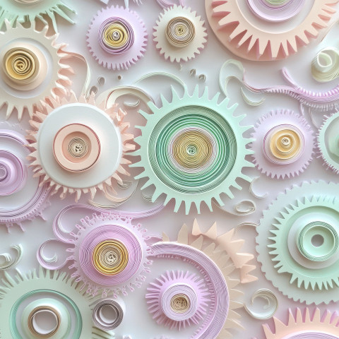 Interlocking gears forming a dynamic spiraled pattern in quilling art Interlocking gears forming a dynamic spiraled pattern in quilling art