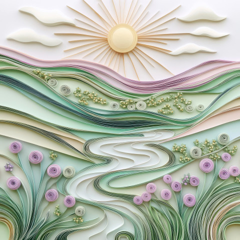 Rolling hills with winding rivers and sun rays crafted in quilling art Rolling hills with winding rivers and sun rays crafted in quilling art