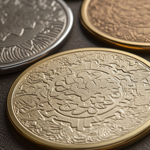 Embossed gold coin symbolizing prosperity and wealth shining with intricate details Embossed gold coin symbolizing prosperity and wealth shining with intricate details