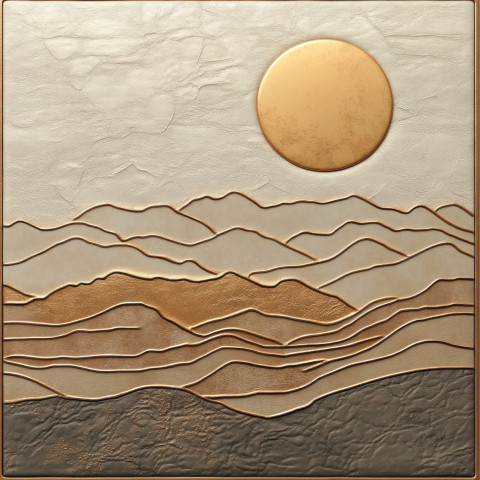 Embossed mountain ridges under a rising sun symbolizing adventure and serenity Embossed mountain ridges under a rising sun symbolizing adventure and serenity