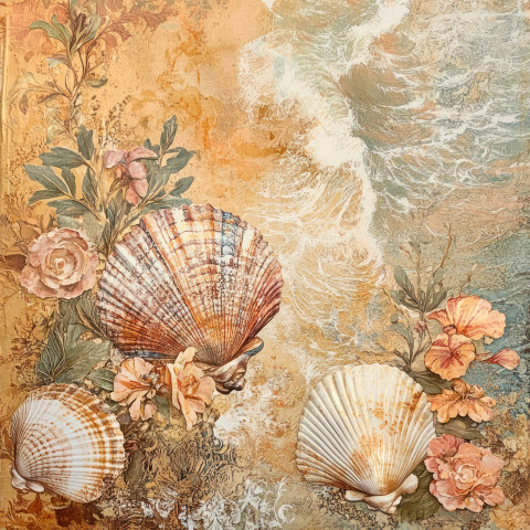 Layered seashells and ocean waves form a textured collage using decoupage paper Layered seashells and ocean waves form a textured collage using decoupage paper