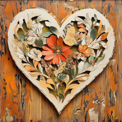 A heart cut out and decorated with delicate paper vines in an intricate decoupage paper design A heart cut out and decorated with delicate paper vines in an intricate decoupage paper design