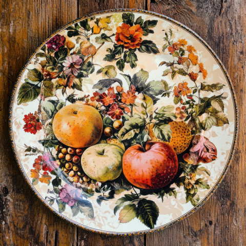 A vibrant plate of fruits arranged in detailed paper layers using decoupage techniques A vibrant plate of fruits arranged in detailed paper layers using decoupage techniques