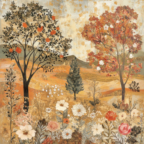 Trees and flowers layered in a scenic paper collage using decoupage techniques Trees and flowers layered in a scenic paper collage using decoupage techniques