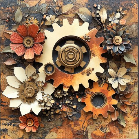 Paper gears and tech symbols cut out in motion Paper gears and tech symbols cut out in motion