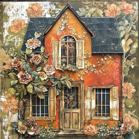 A paper crafted house with intricate window details