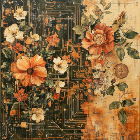 A decoupage circuit board featuring layered tech motifs A decoupage circuit board featuring layered tech motifs
