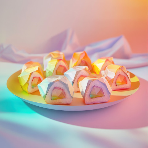Carefully crafted origami sushi pieces arranged on a plate Carefully crafted origami sushi pieces arranged on a plate