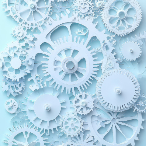 Interconnected cutout cogs and pipes teamwork