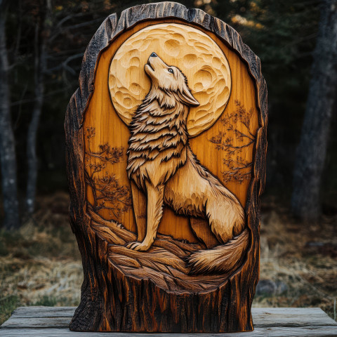 Wood carving of a howling wolf under a full moon Wood carving of a howling wolf under a full moon