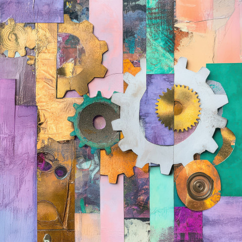 Collage gears cut from metallic textures