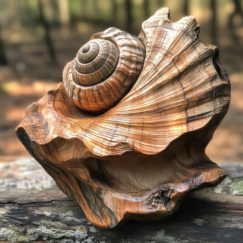 Driftwood carving of a seashell resting on the shore Driftwood carving of a seashell resting on the shore