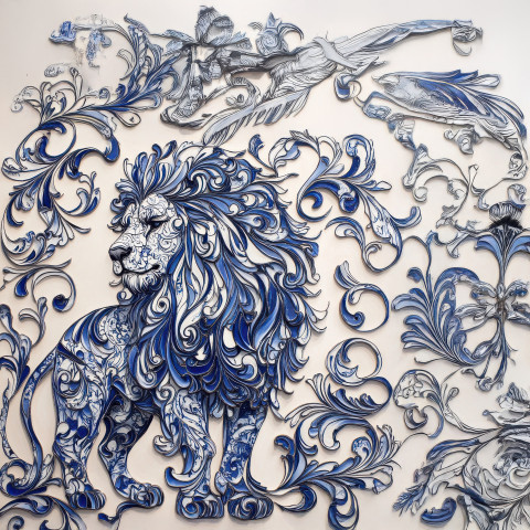 Regal lion with swirling patterns in blue and white tile Regal lion with swirling patterns in blue and white tile