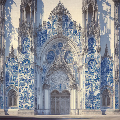Ornate cathedral facade covered in blue and white tile Ornate cathedral facade covered in blue and white tile