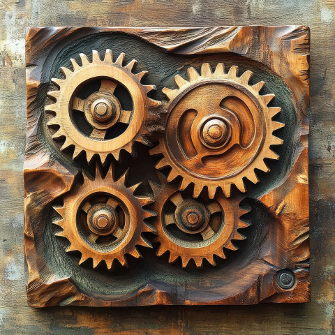 Metal carving of interlocking gears in motion Metal carving of interlocking gears in motion