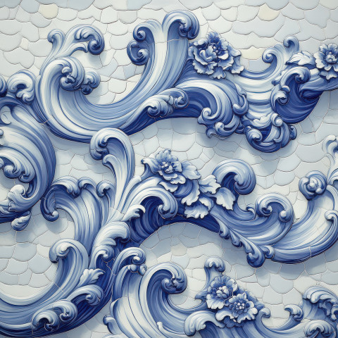 Waves with elegant curls in blue and white tile Waves with elegant curls in blue and white tile