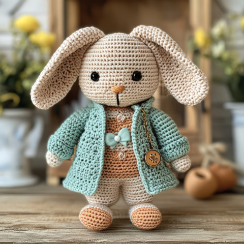 Crocheted bunny with floppy ears and charm wearing a detailed crochet top cardigan