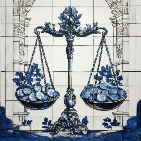 Scales of balance with coins in blue and white tile Scales of balance with coins in blue and white tile