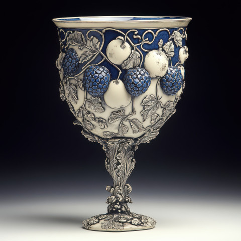 Goblet with fruit and vines in blue and white tile Goblet with fruit and vines in blue and white tile