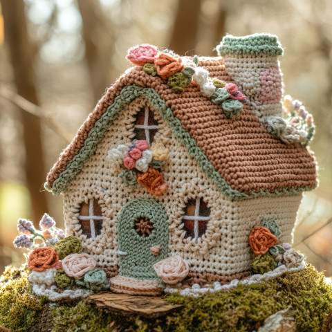 Crocheted cottage with a flowered rooftop wearing a detailed crochet top cardigan Crocheted cottage with a flowered rooftop wearing a detailed crochet top cardigan