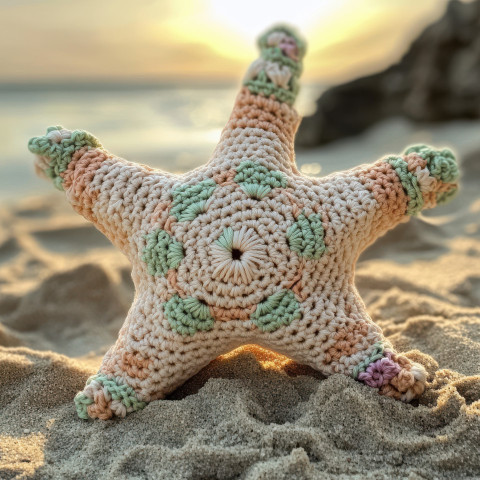 Crocheted starfish resting on soft sand wearing a beautifully detailed crochet top cardigan Crocheted starfish resting on soft sand wearing a beautifully detailed crochet top cardigan