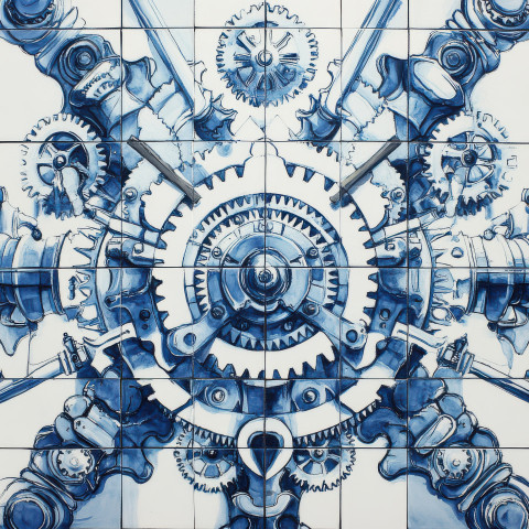 Cogs and tools in symmetry in blue and white tile Cogs and tools in symmetry in blue and white tile
