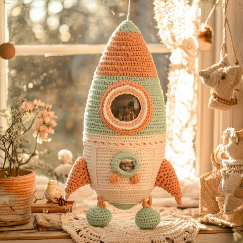 Crocheted rocket launching into space wearing a beautifully detailed crochet top cardigan Crocheted rocket launching into space wearing a beautifully detailed crochet top cardigan