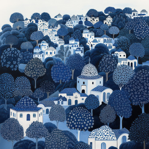 Rolling hills and trees in blue and white tile Rolling hills and trees in blue and white tile
